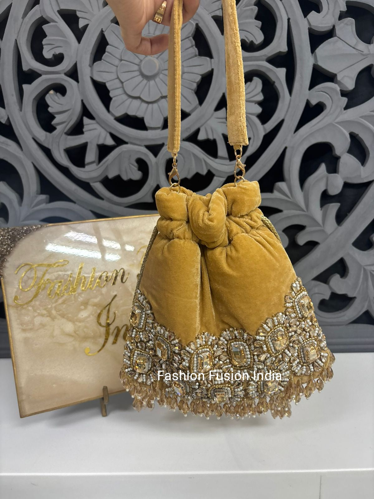 Golden Velvet Crystal Embellished Potli Bag for Women