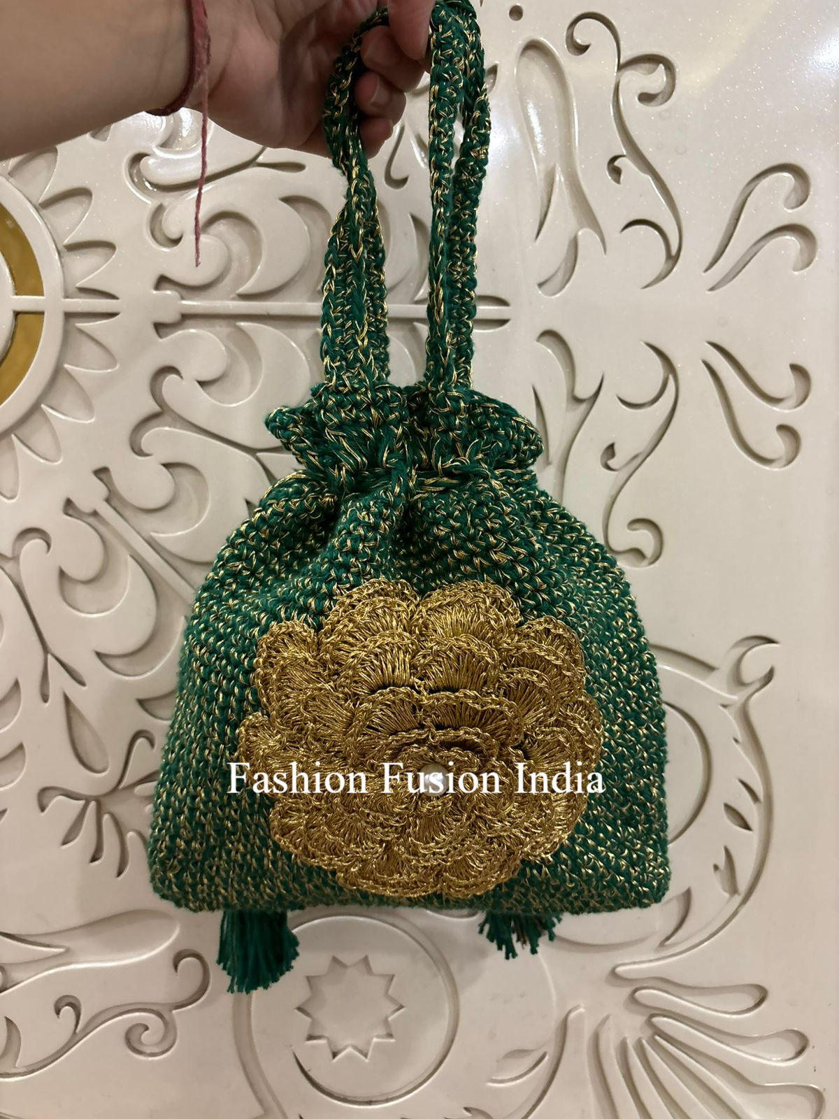 Green Hand Crochet Floral Potli Bag | Fashion Fusion India