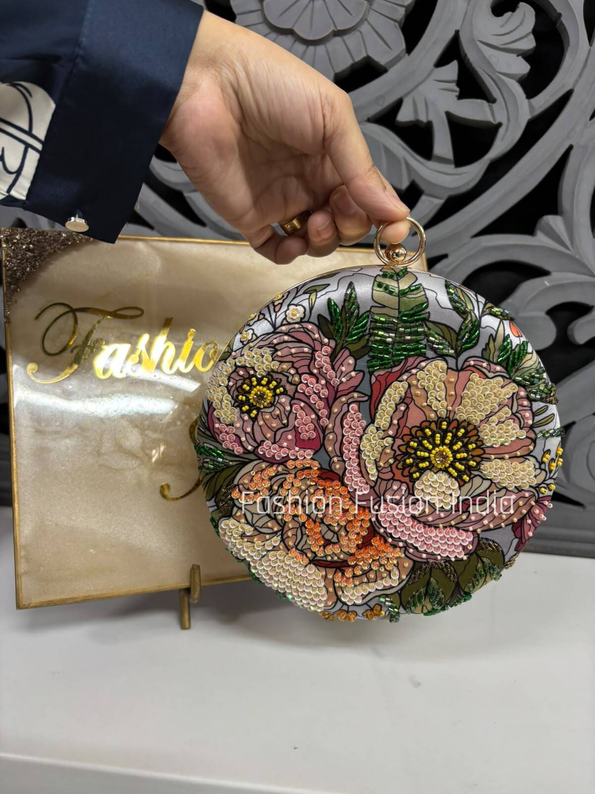 Grey Floral Embellished Round Clutch Bag with Sequins & Beads