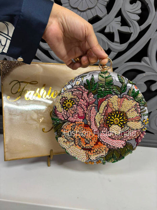 Grey Floral Embellished Round Clutch Bag with Sequins & Beads