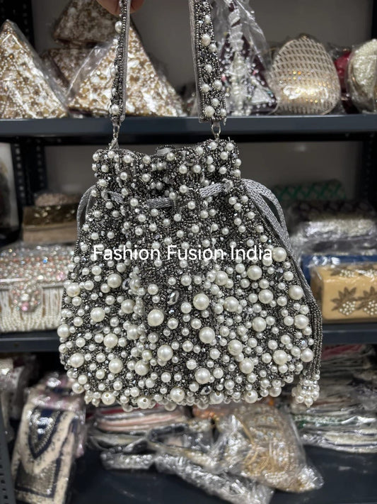 Gunmetal Pearl Embroidered Potli Bag