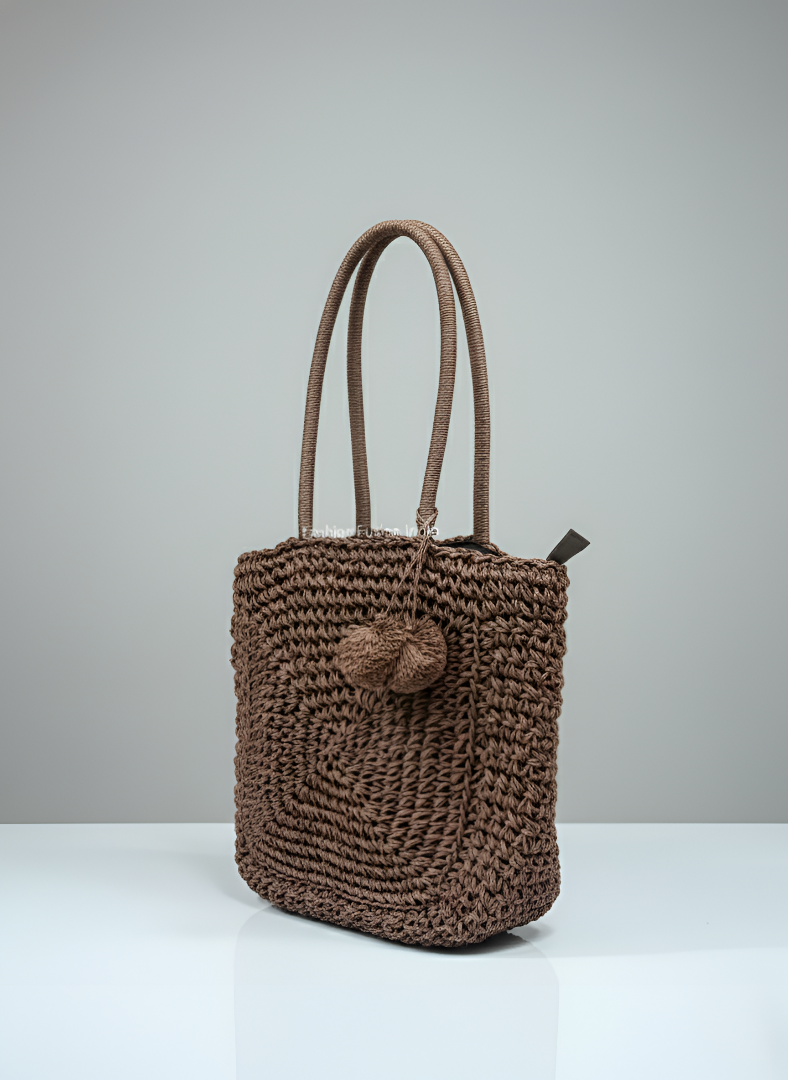 Brown handwoven crochet tote bag with circular weave design, handmade straw shoulder bag for everyday use