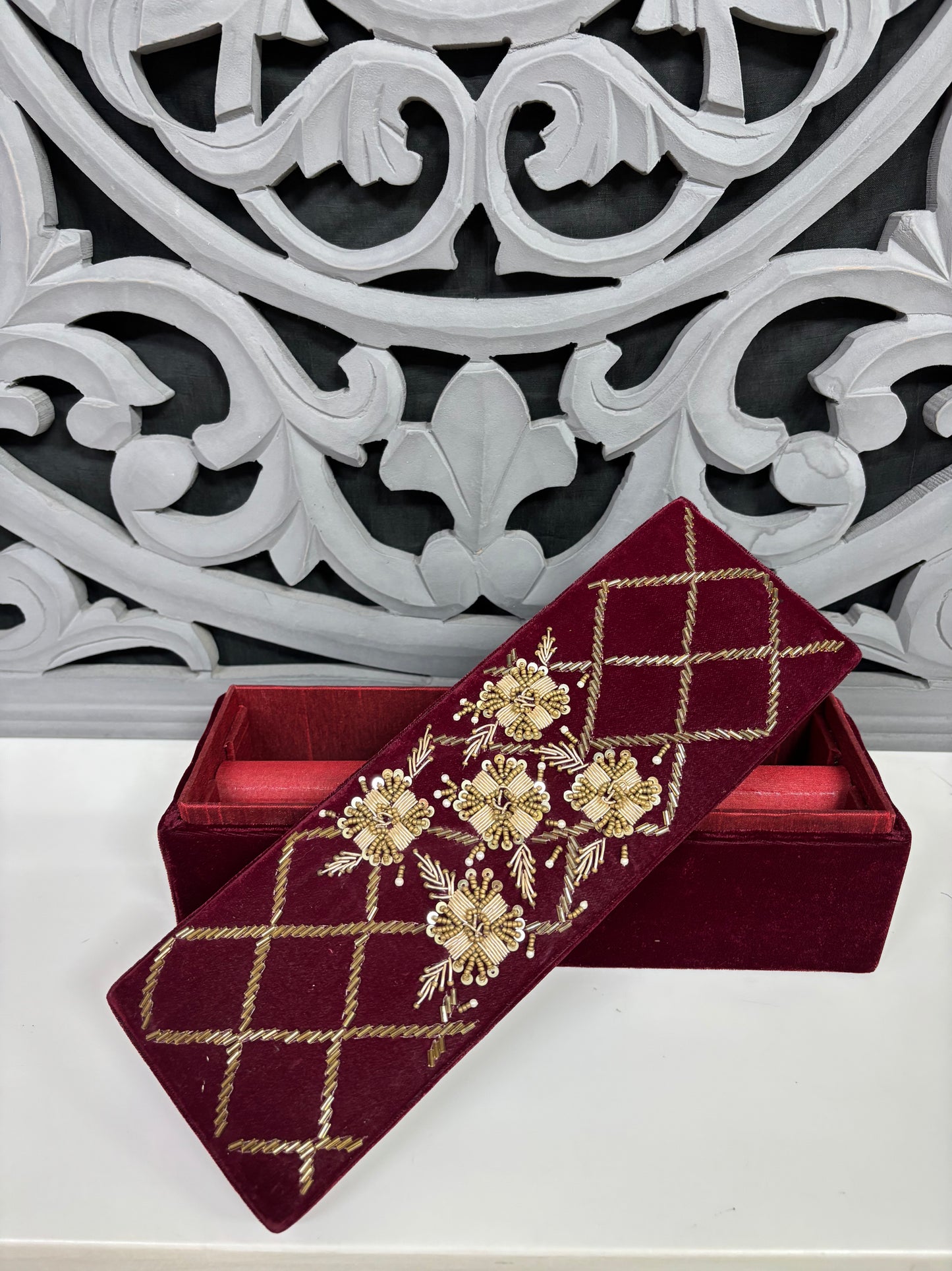 Red & Mehroon Velvet Embroidered Bangle Box – Elegant Bridal Jewelry Storage | Fashion Fusion India