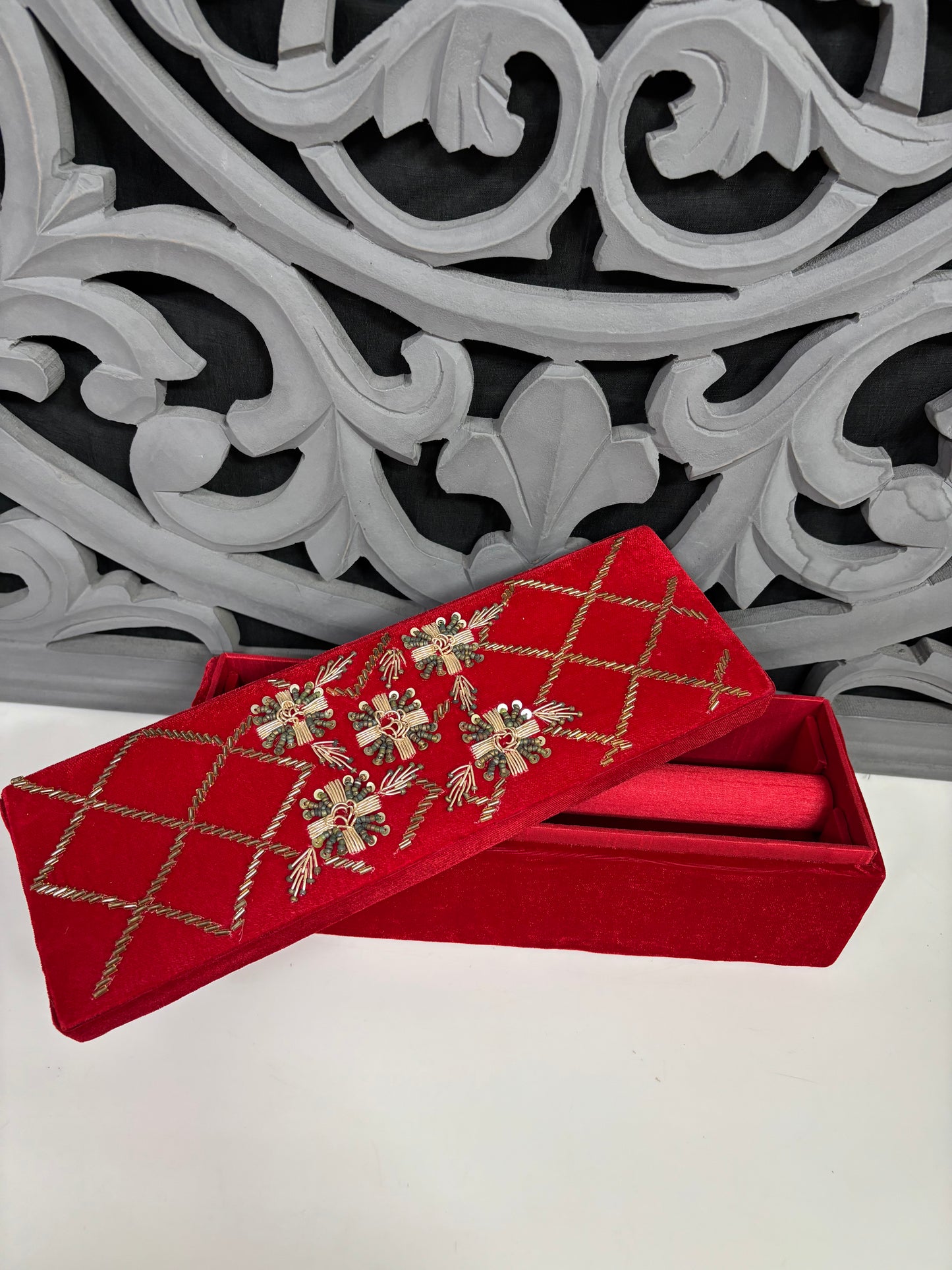 Red & Mehroon Velvet Embroidered Bangle Box – Elegant Bridal Jewelry Storage | Fashion Fusion India