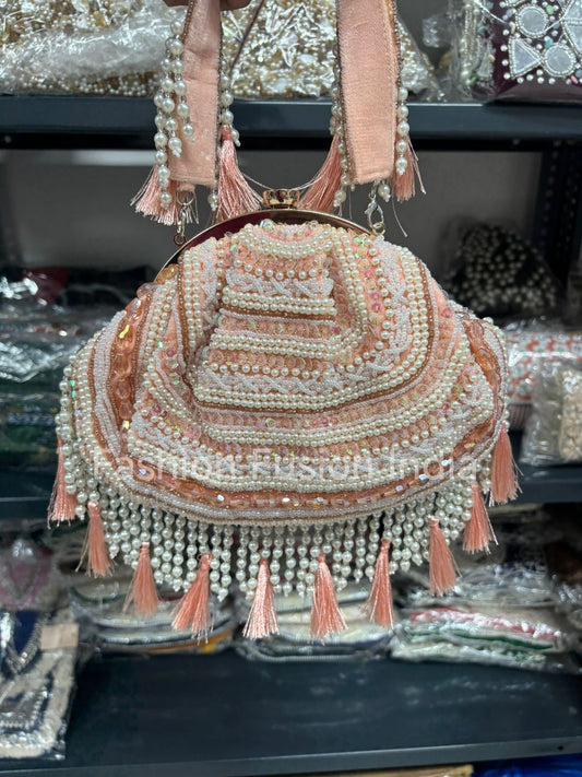 Peach Pearl Tassel Batwa Bag – Handcrafted Bridal & Festive Ethnic Potli | Fashion Fusion India