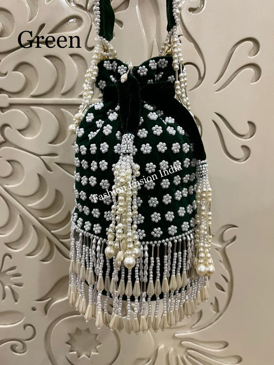 Dark Green Long Pearl Potlis – Handcrafted Bridal & Festive Bags by Fashion Fusion India