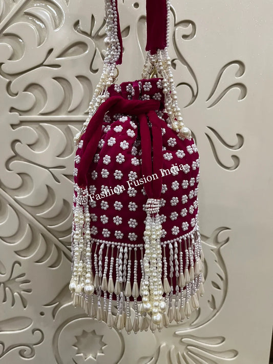 Pink Long Pearl Potlis – Handcrafted Bridal & Festive Bags by Fashion Fusion India