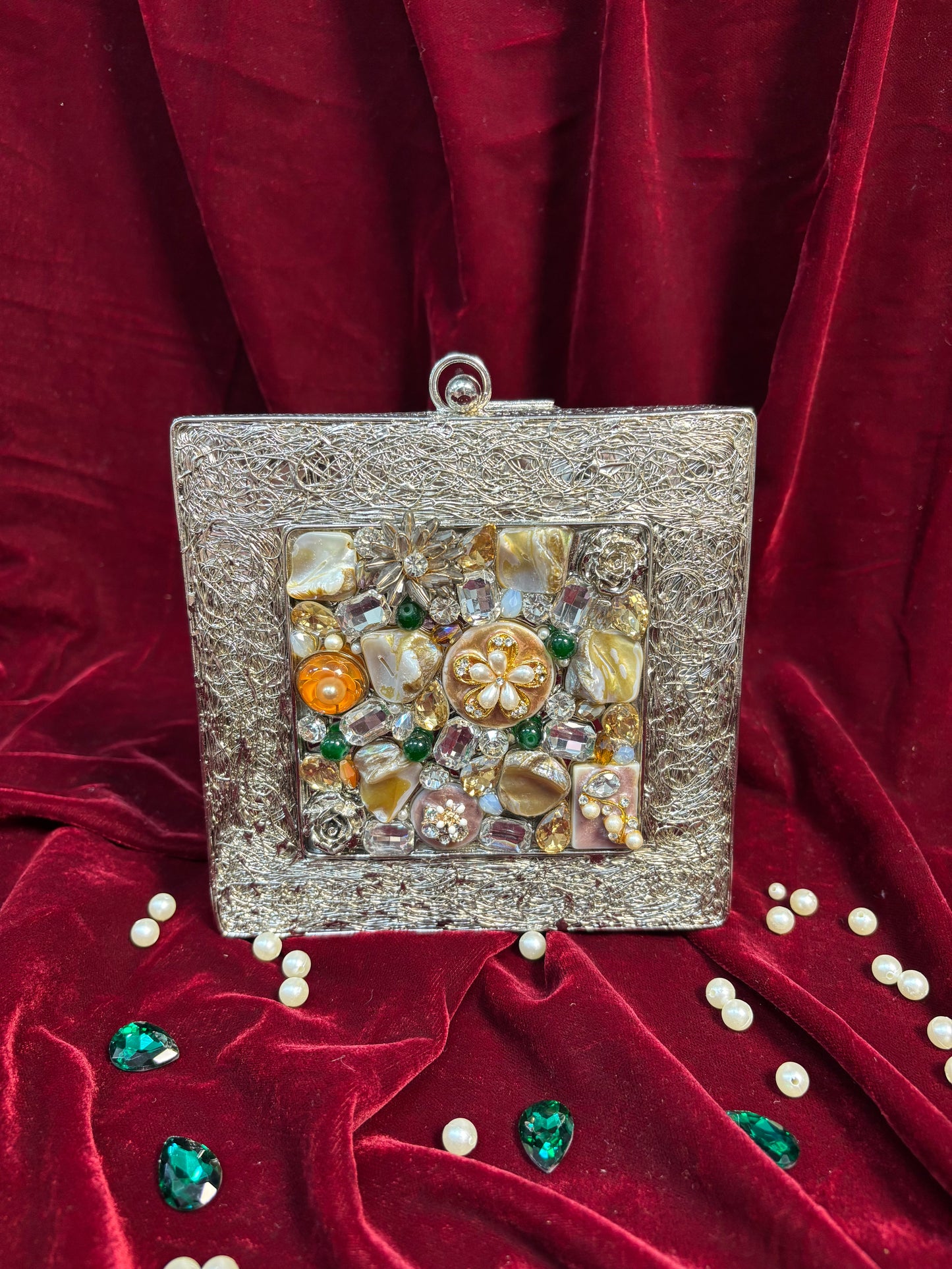 Silver Mosaic Brass Clutch Bag – Luxury Handcrafted Bridal & Festive Purse by Fashion Fusion India