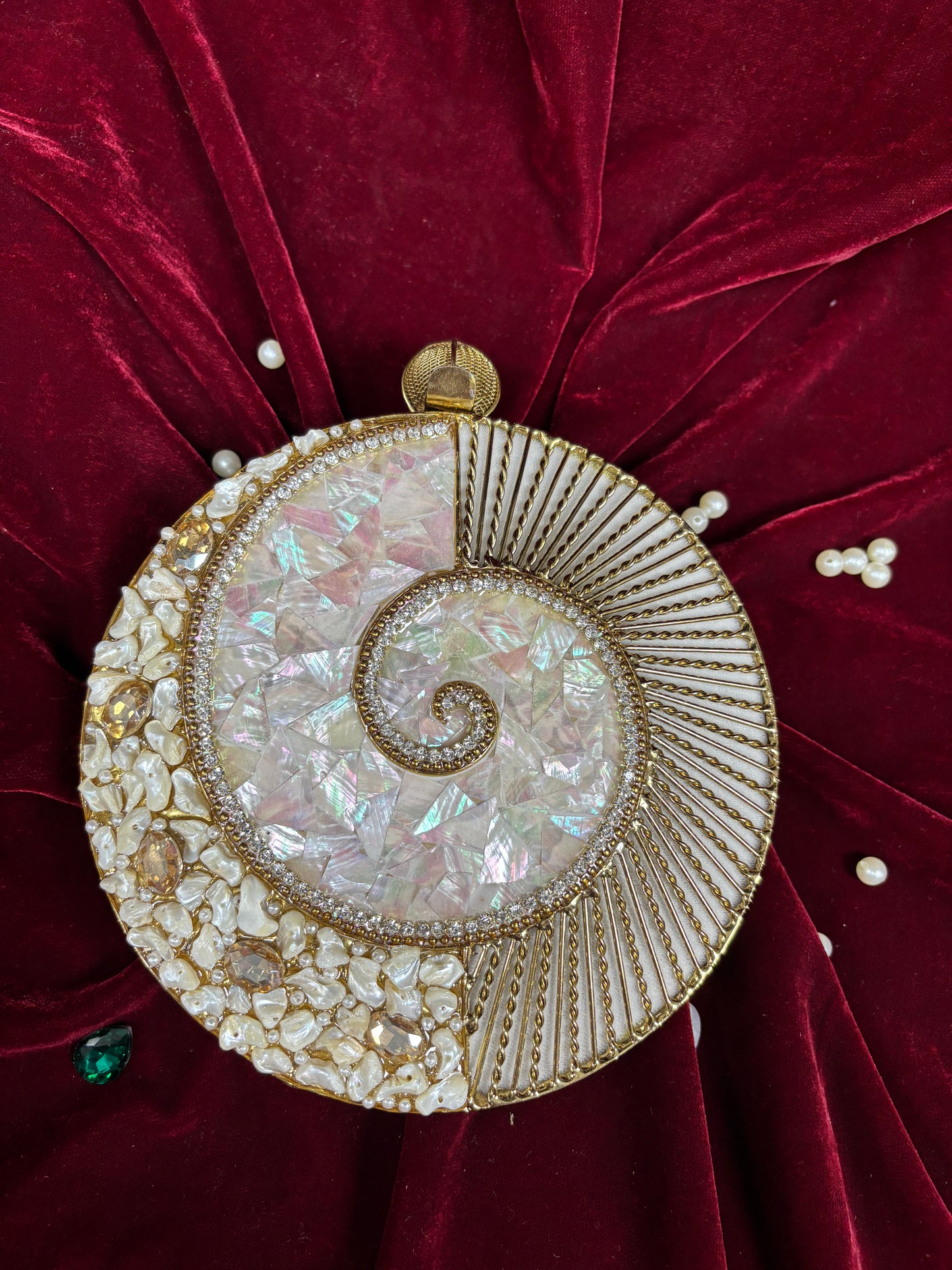 Mother of Pearl Brass Clutch Bag – Luxury Handcrafted Bridal & Festive Purse by Fashion Fusion India