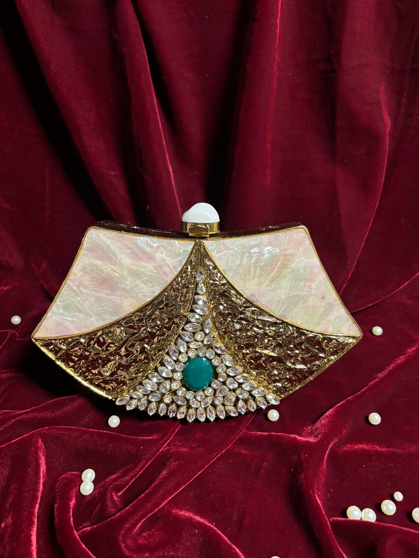 Designer Brass Stone Clutch Bag – Handcrafted Bridal & Festive Purse by Fashion Fusion India