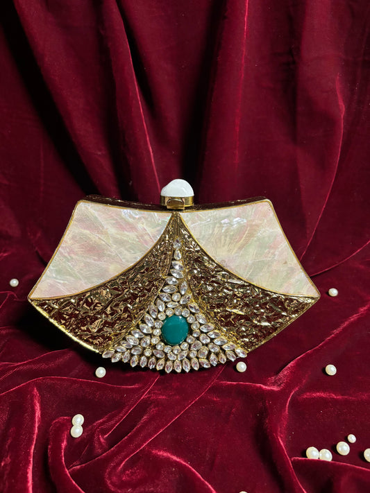 Designer Brass Stone Clutch Bag – Handcrafted Bridal & Festive Purse by Fashion Fusion India