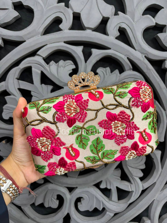 Ivory Floral Hand Embroidered Designer Clutch Bag for Women