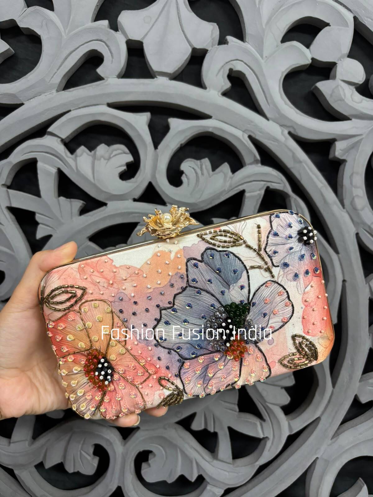 Ivory Multi Luxury Floral Embroidered Party Clutch for Women