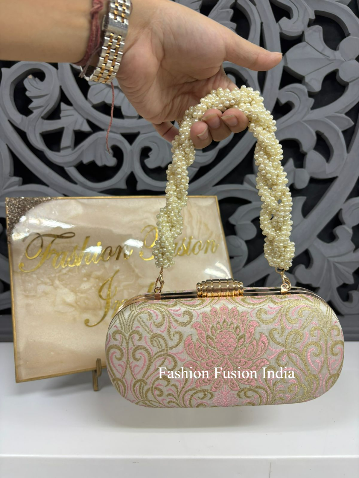 Light Pink Brocade Clutch Bag with Pearl Handle