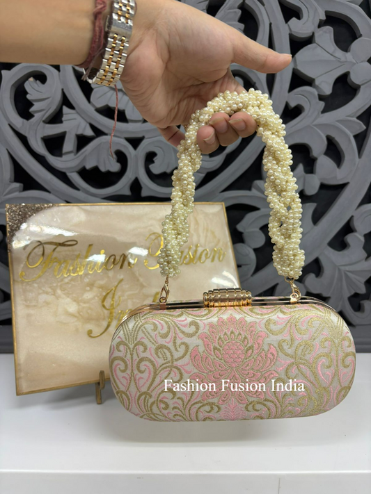 Light Pink Brocade Clutch Bag with Pearl Handle