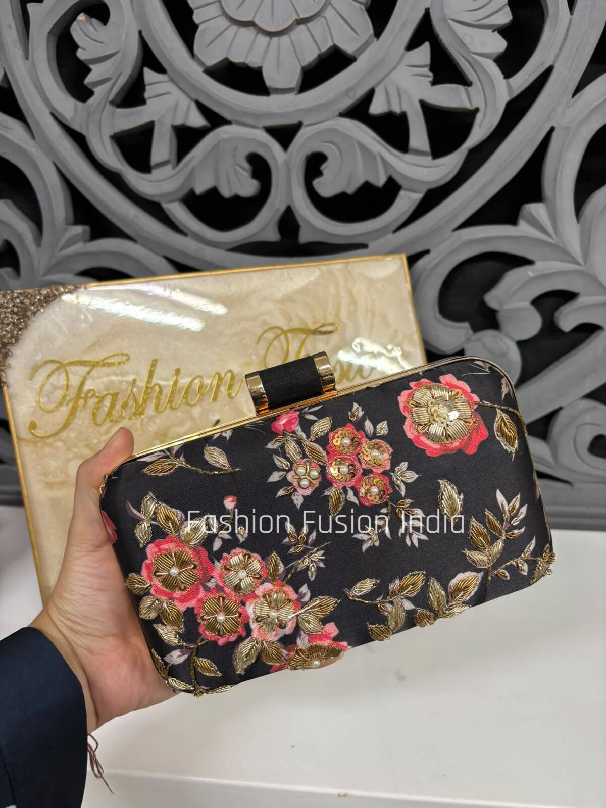 Luxury Black Floral Embroidered Evening Clutch 