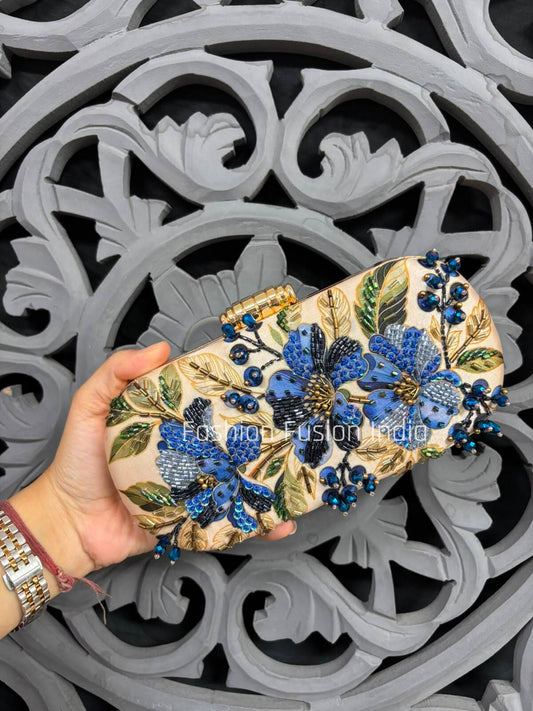 Luxury Blue Floral Embroidered Clutch Bag for Women 