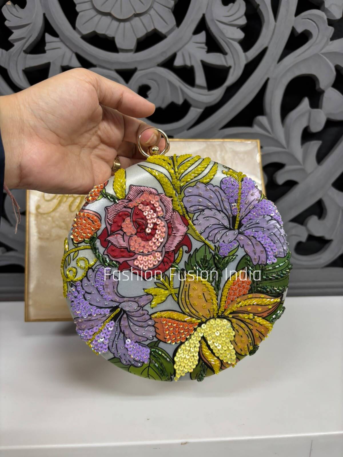 Luxury Floral Sequin Embroidered Round Clutch Bag for Women