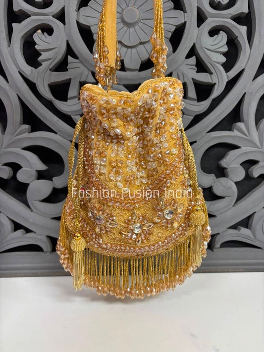 Luxury Golden Crystal & Pearl Embroidered Potli Bag