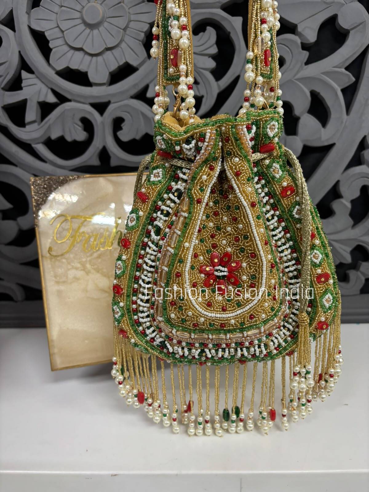 Luxury Green & Gold Hand Beaded Bridal Potli Bag