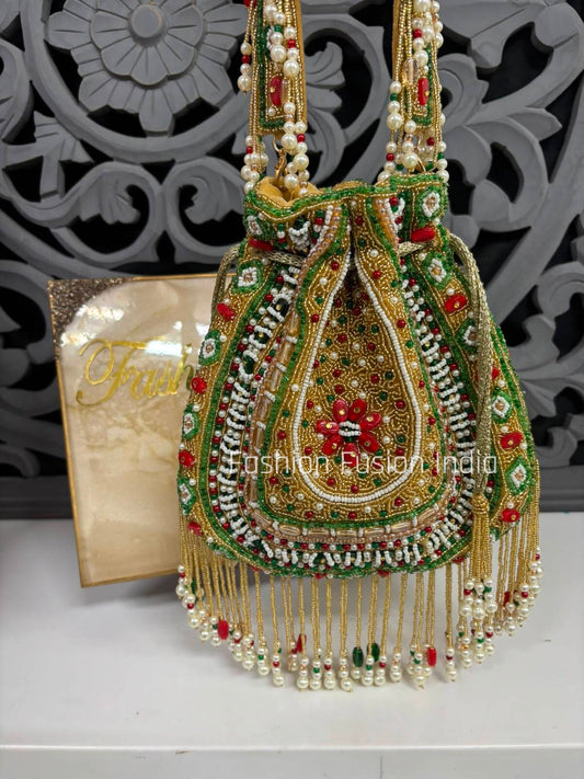 Luxury Green & Gold Hand Beaded Bridal Potli Bag