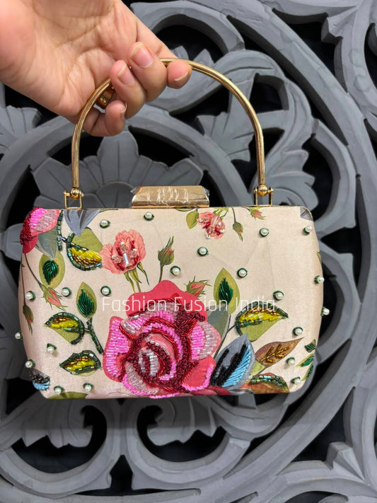 Luxury Ivory Floral Embroidered Box Clutch Bag for Women 