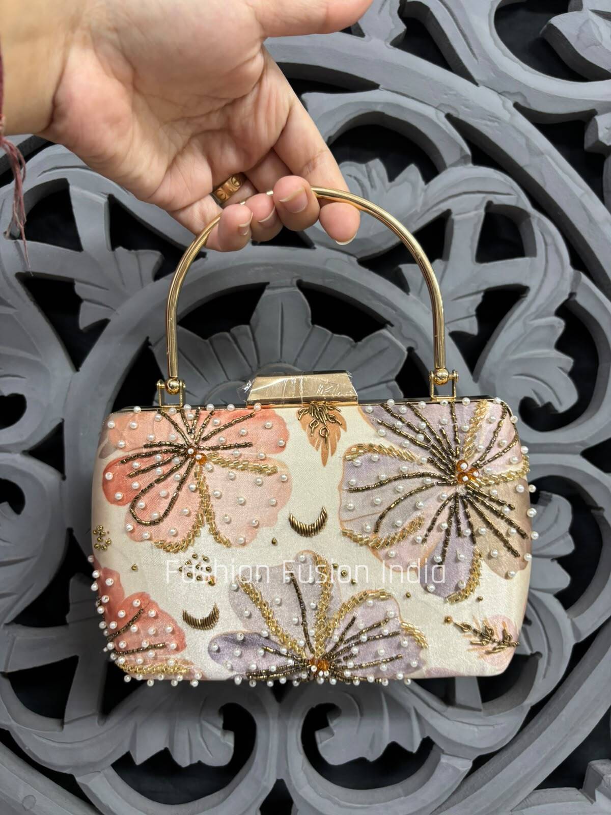 Luxury Ivory Floral Embroidered Clutch Bag with Pearl Work
