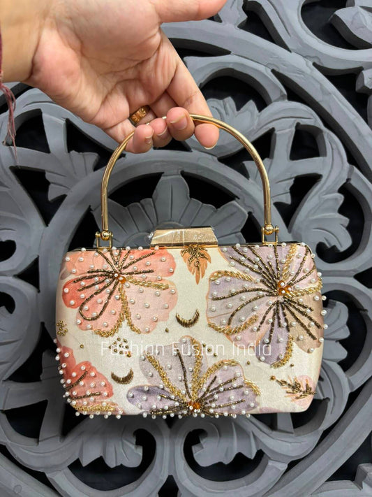 Luxury Ivory Floral Embroidered Clutch Bag with Pearl Work