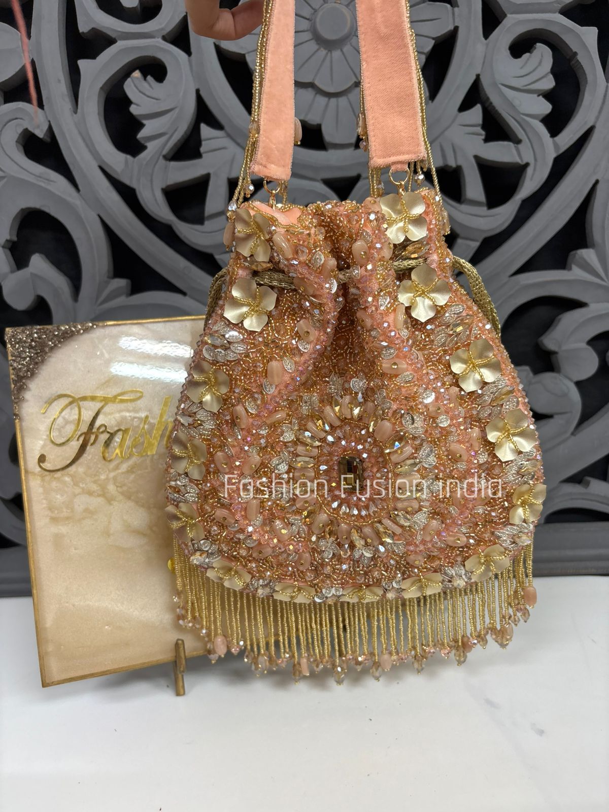 Luxury Peach Beaded Floral Potli Bag