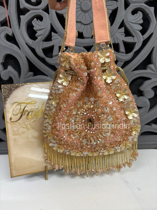 Luxury Peach Beaded Floral Potli Bag