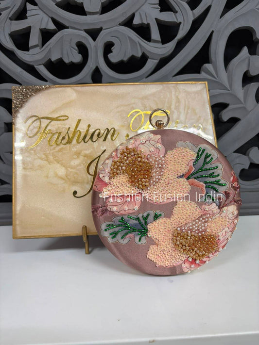 Luxury Pearl Floral Embroidered Round Clutch Bag for Women