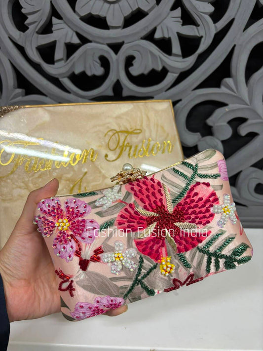 Luxury Pink Floral Embroidered Clutch Bag for Women