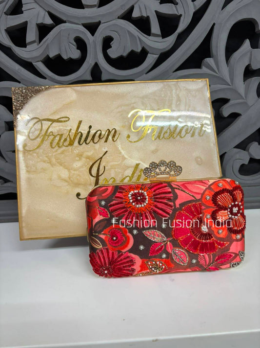 Luxury Red Floral Embroidered Clutch Bag for Women