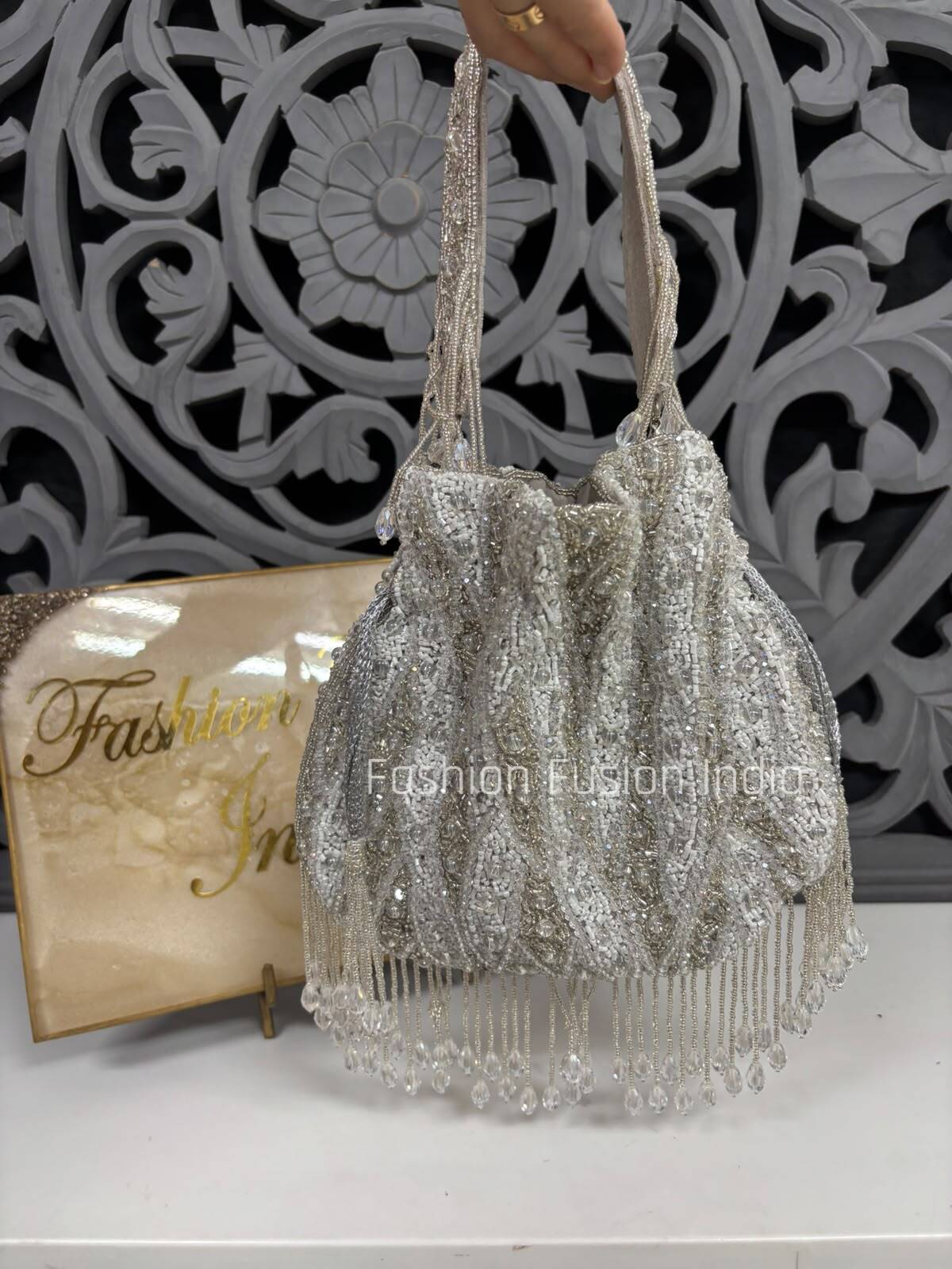 Luxury Silver Crystal Beaded Potli Bag for Women | Designer Bridal Wedding Handbag