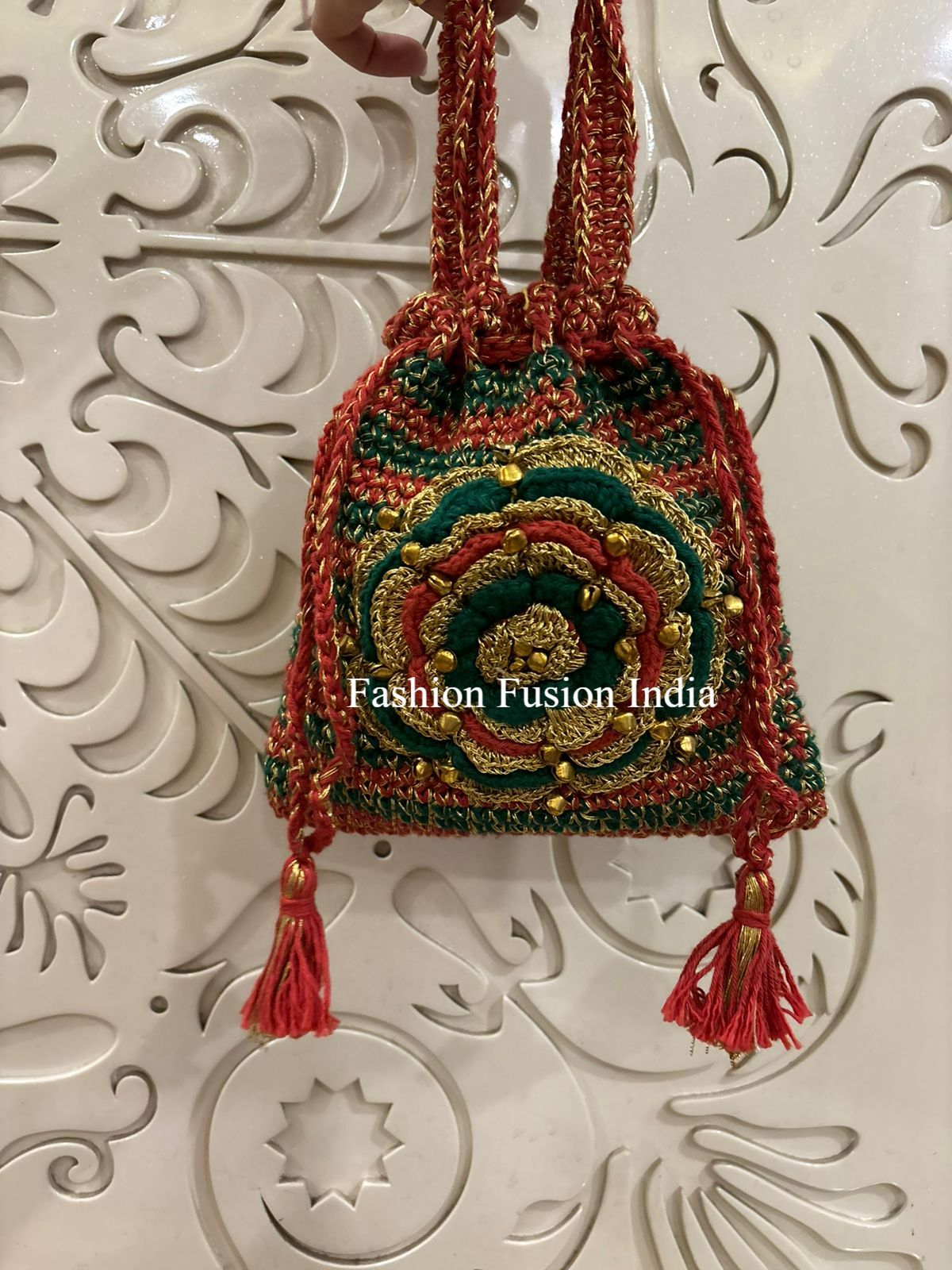Maroon Hand Crochet Floral Potli Bag | Fashion Fusion India