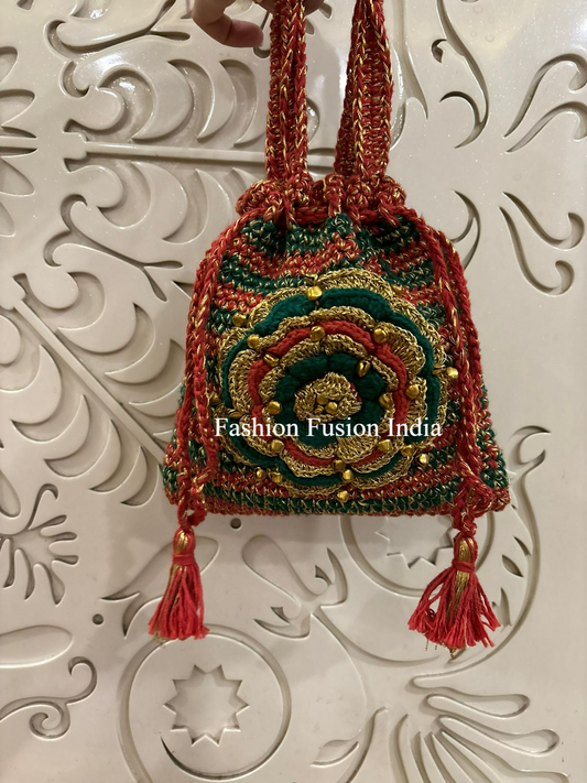 Maroon Hand Crochet Floral Potli Bag | Fashion Fusion India