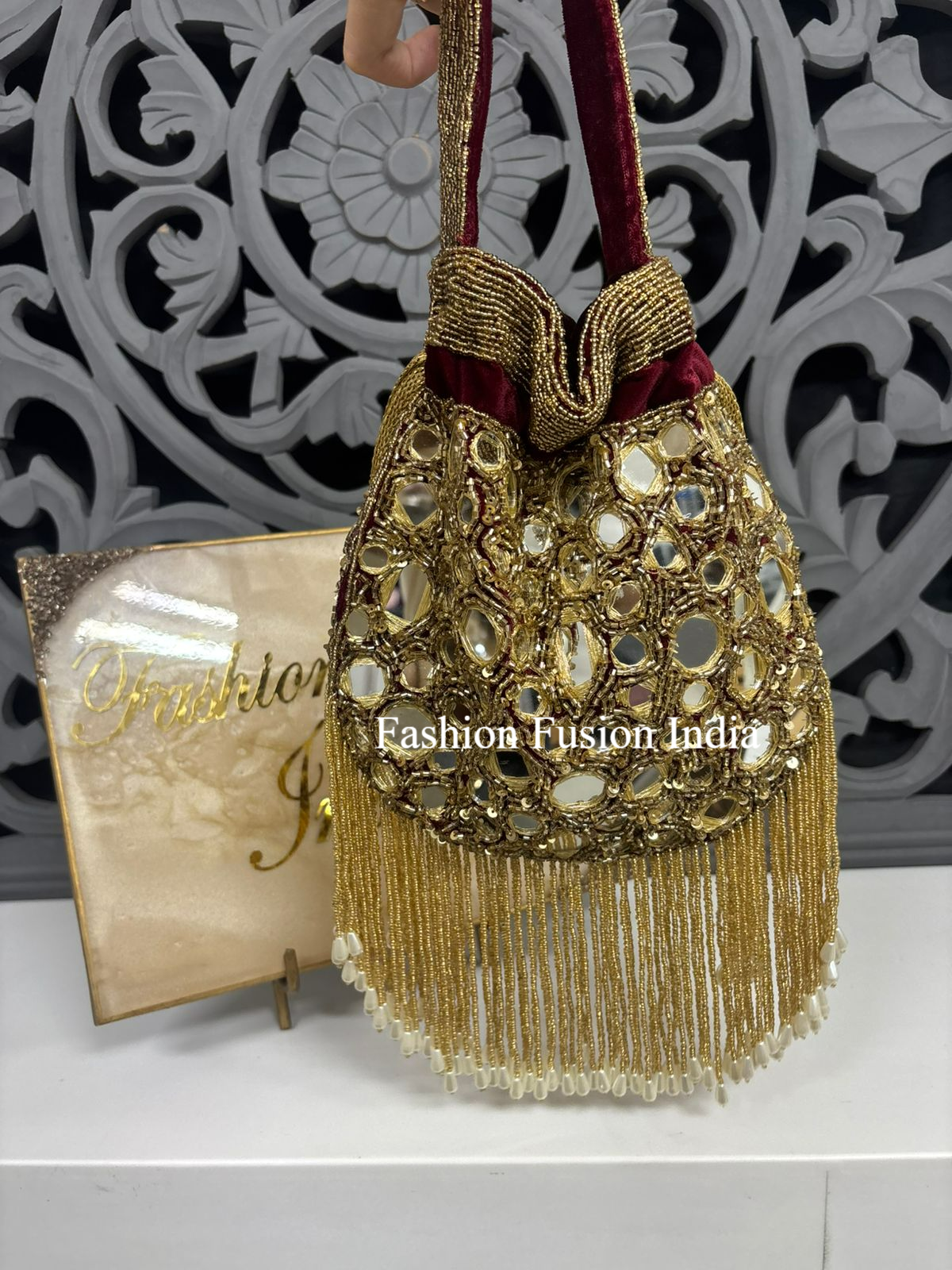 Maroon Mirror Work Potli Bag for Women