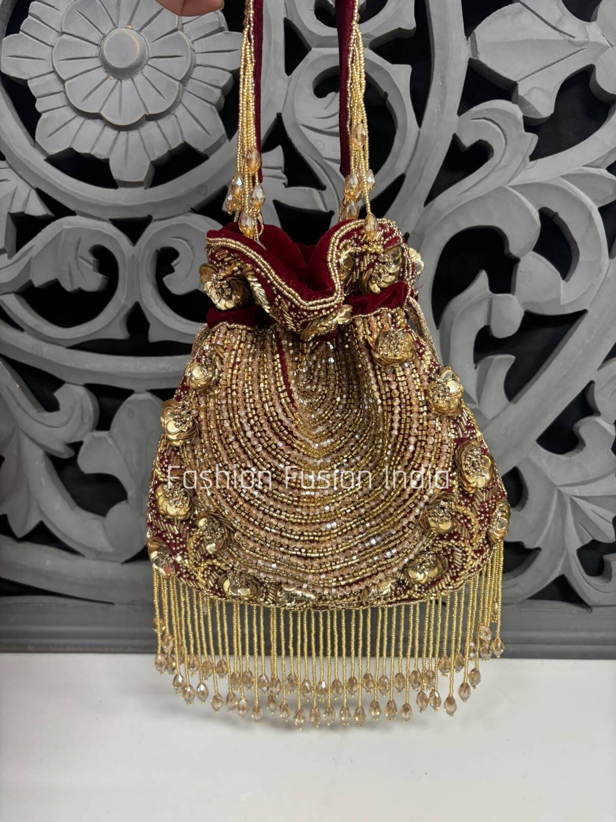 Maroon Bridal Potli Bag with Pearl & Crystal Embroidery