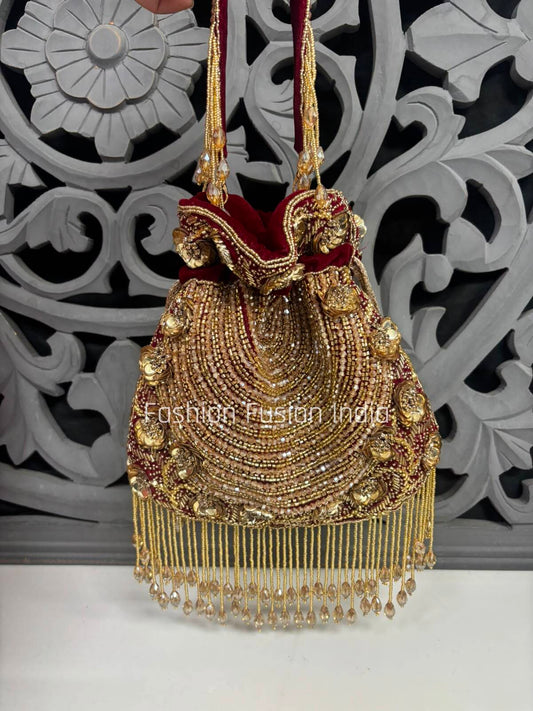 Maroon Bridal Potli Bag with Pearl & Crystal Embroidery