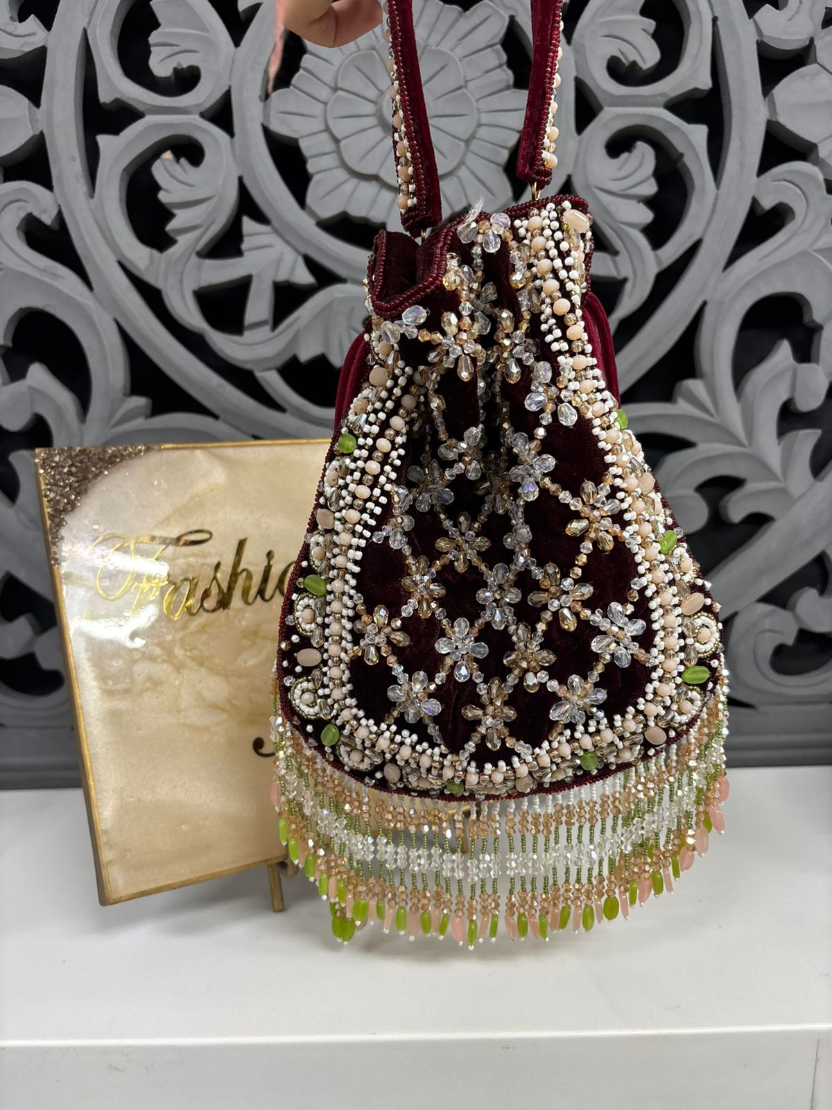 Maroon Velvet Crystal Embroidered Bridal Potli Bag