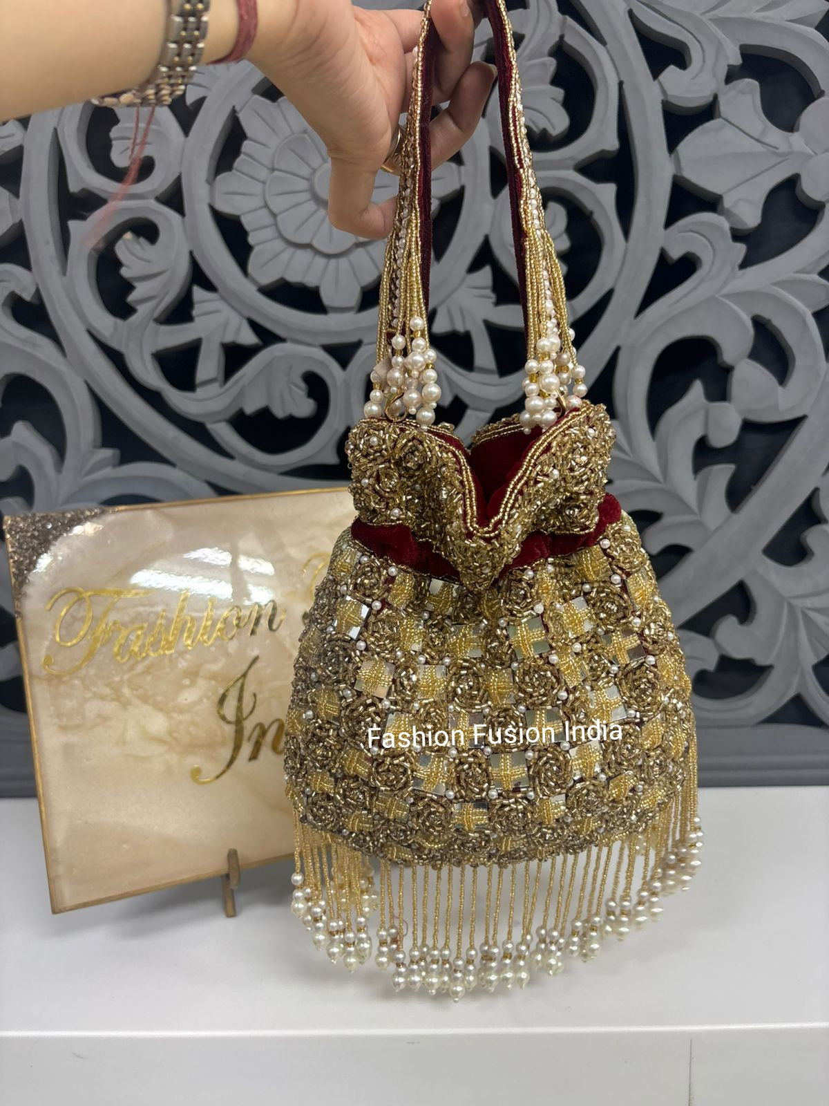 Maroon & Gold Hand Embroidered Bridal Potli Bag