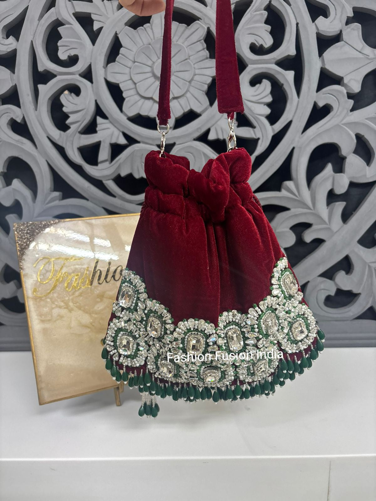 Maroon Velvet Crystal-Embellished Potli Bag for Women