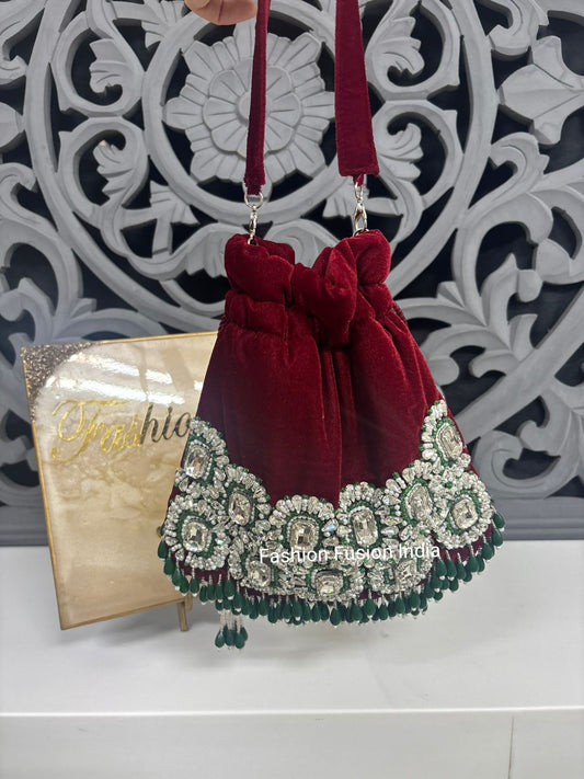 Maroon Velvet Crystal-Embellished Potli Bag for Women
