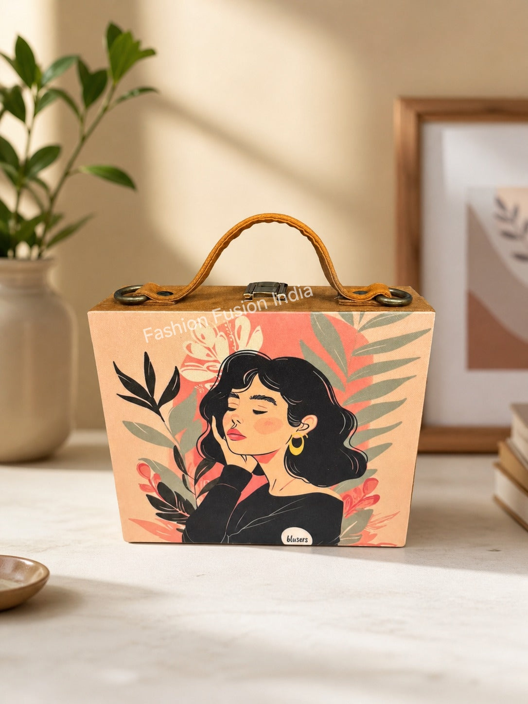 Artistic wooden clutch bag with elegant woman illustration on warm beige background.