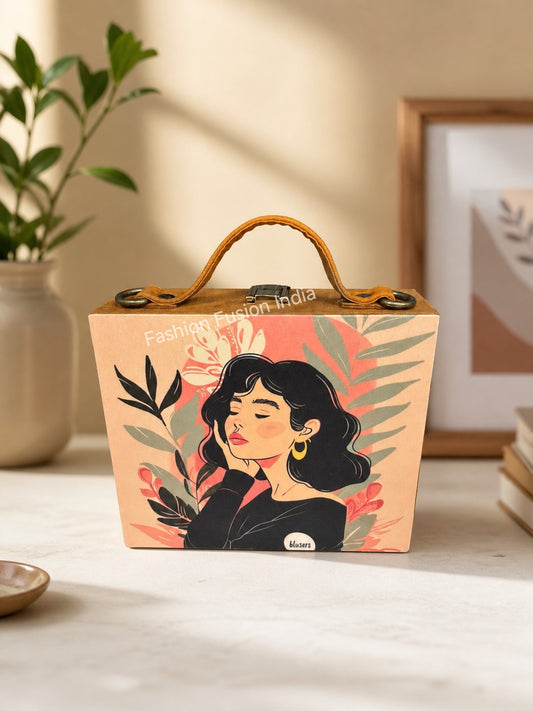 Artistic wooden clutch bag with elegant woman illustration on warm beige background.