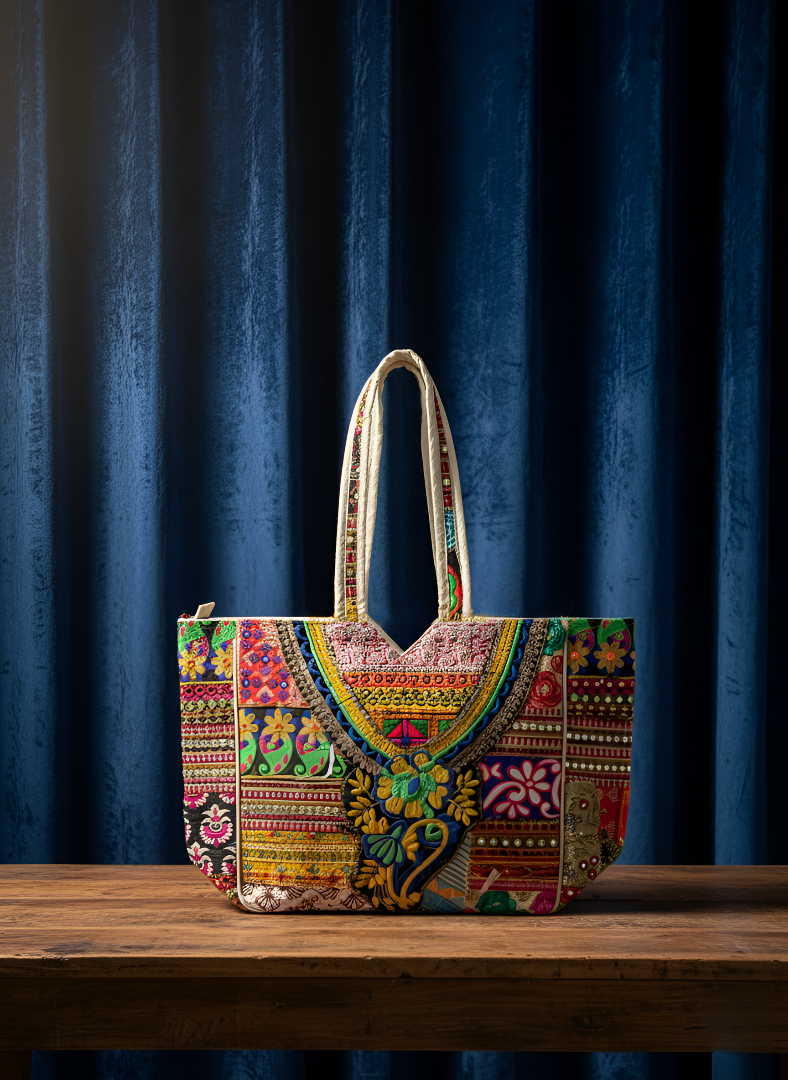 Colorful embroidered handbag on a wooden surface with a blue curtain background