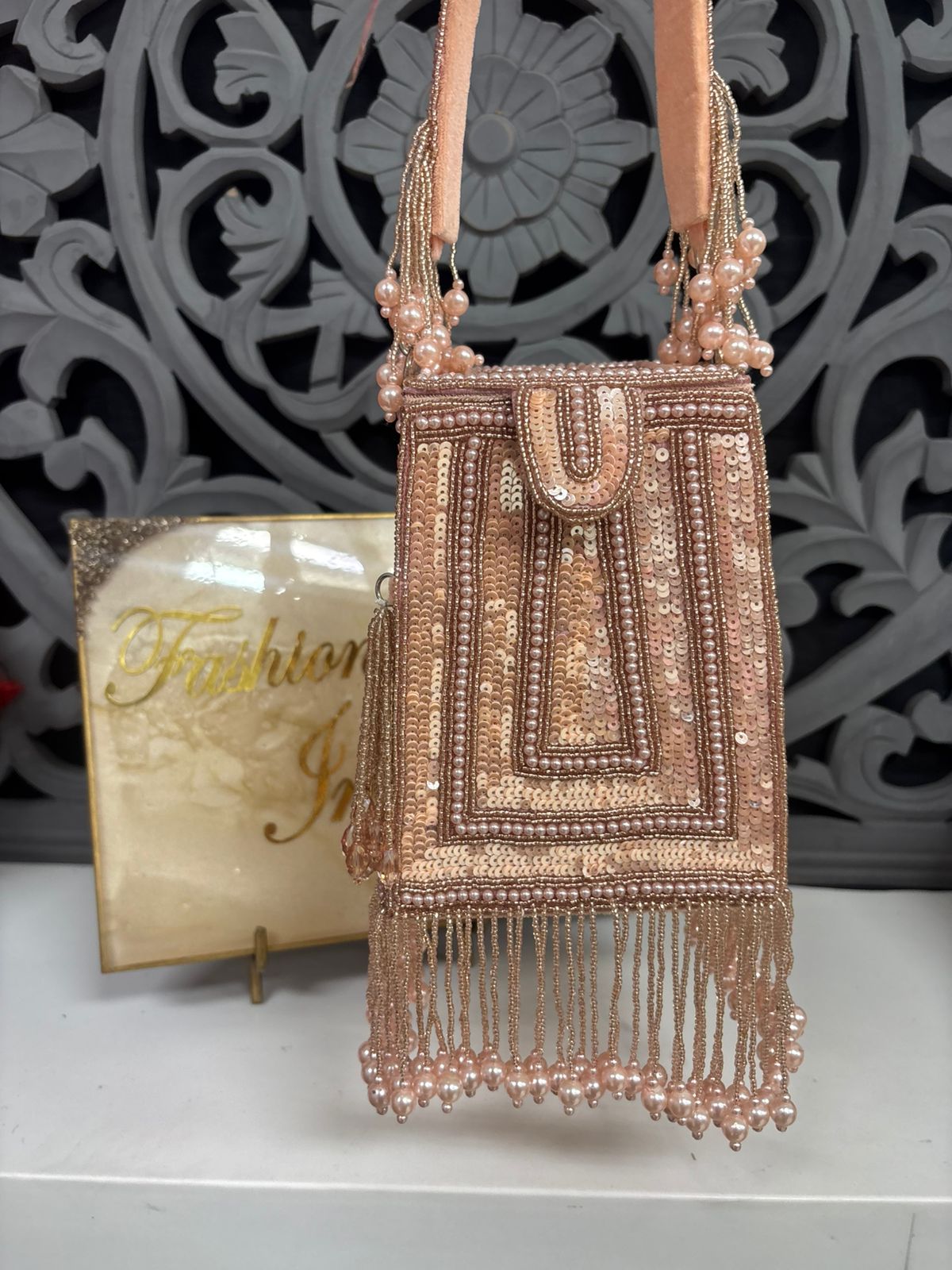 Peach Sequin Pearl Tassel Box Clutch Bag for Women