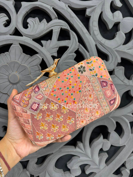 Peach Embroidered Bird Clasp Clutch Bag 
