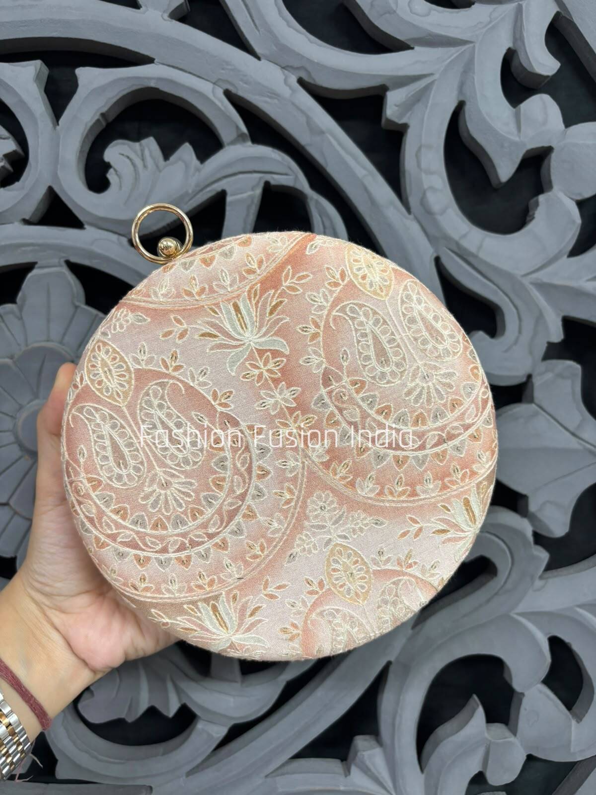 Peach Embroidered Round Clutch Bag