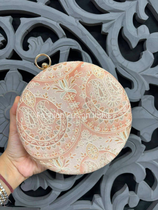 Peach Embroidered Round Clutch Bag